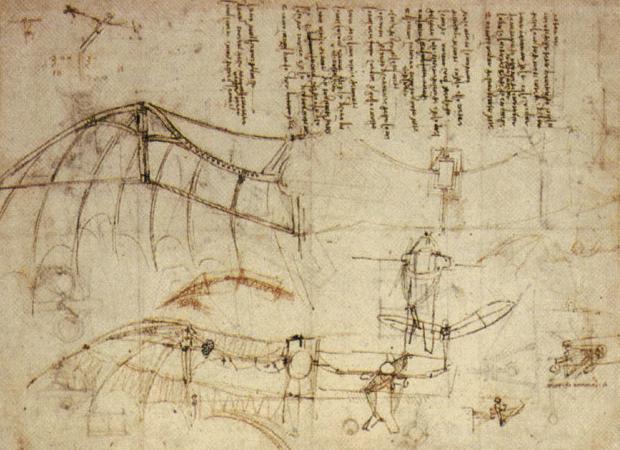 Disegno macchina volante di Leonardo 1488
